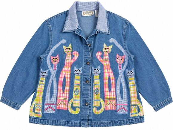 Tantrums Jackets & Blazers - Tantrums Vintage Denim Jacket Cat Appliqué Embroidered Art to Wear Size XL